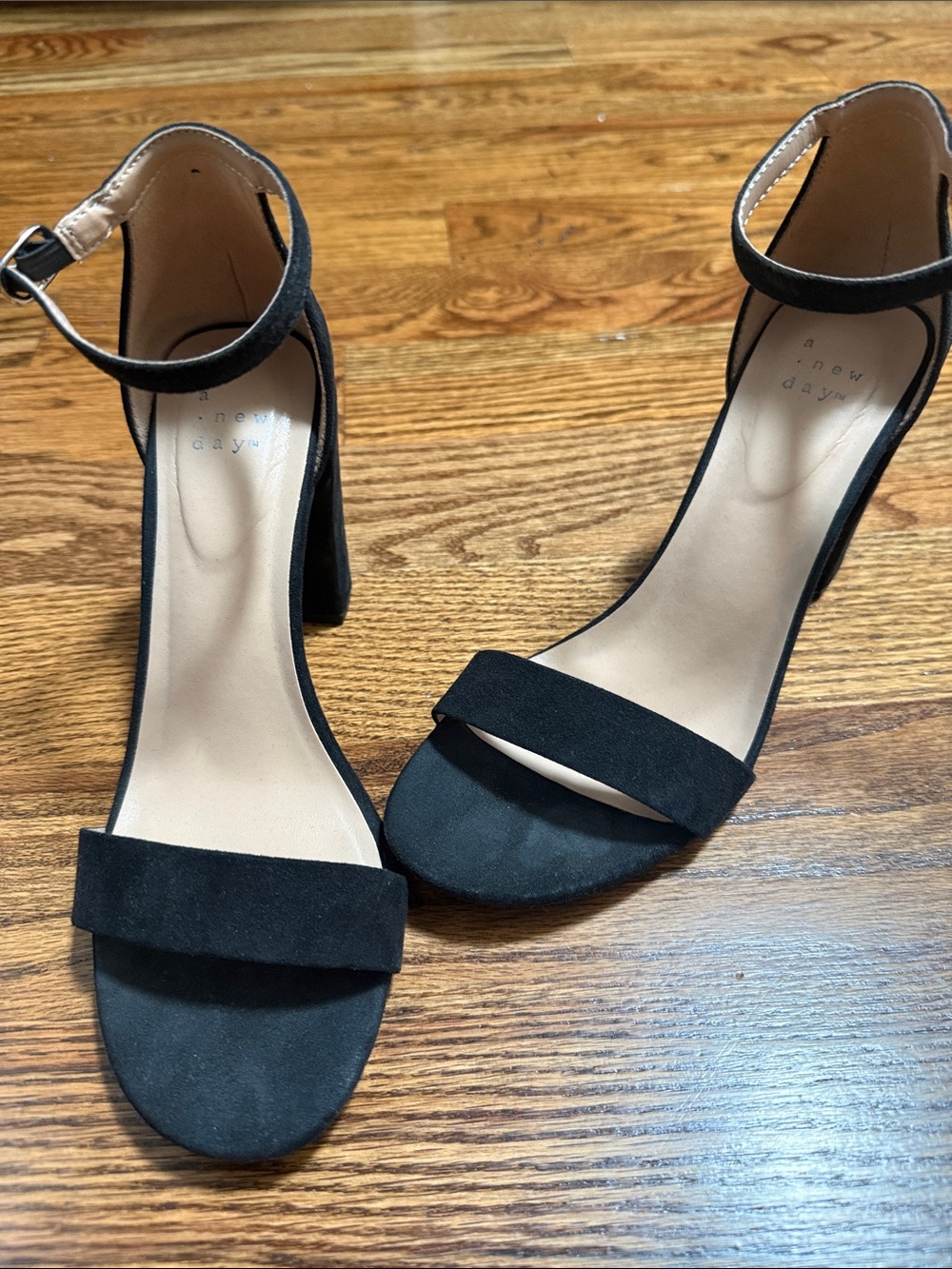 A New Day Black Suede Open-Toe Ankle Strap Heels